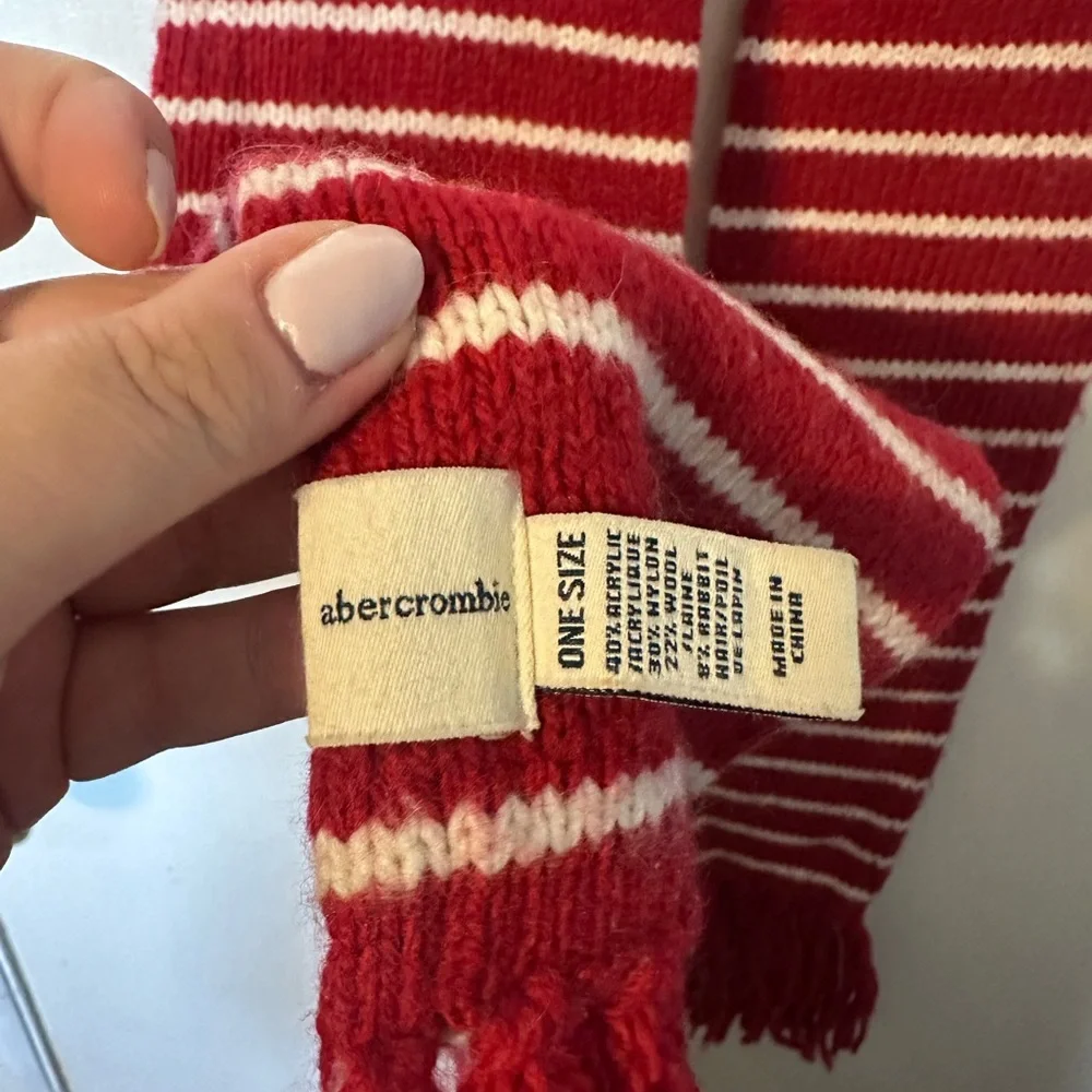 Abercrombie & Fitch Red and White Striped Scarf with Fringe